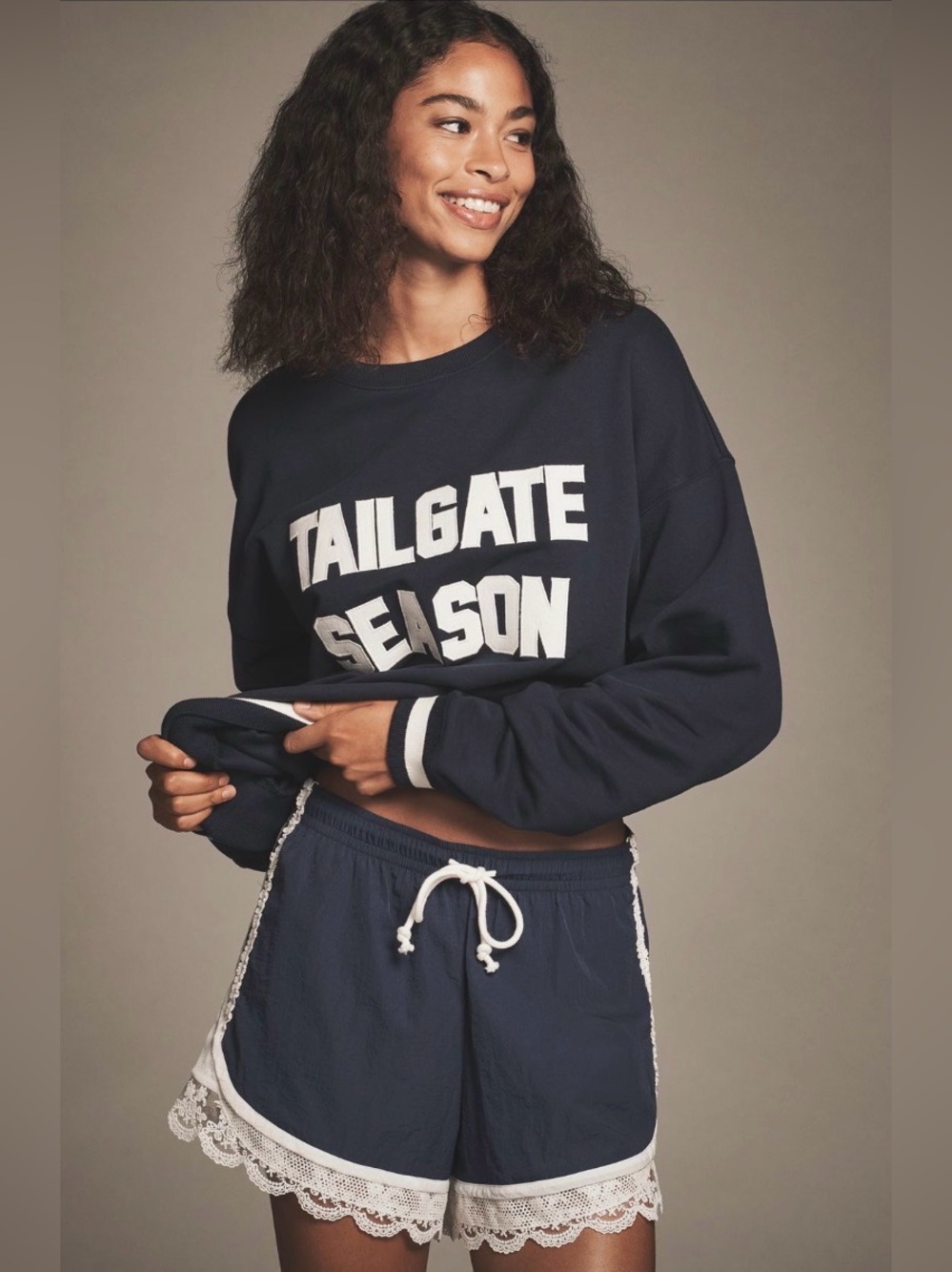 Beach Riot x Anthropologie Cotton Pullover Sweatshirt.  
Navy "Tailgate Season"